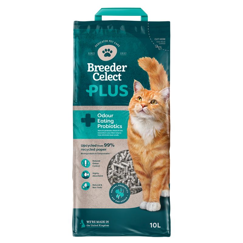 Breeder Celect Plus odour eating probiotics, upcycled from 99% recycled paper, natural odour control, highly absorbent, natural and non-toxic, 10 litres.