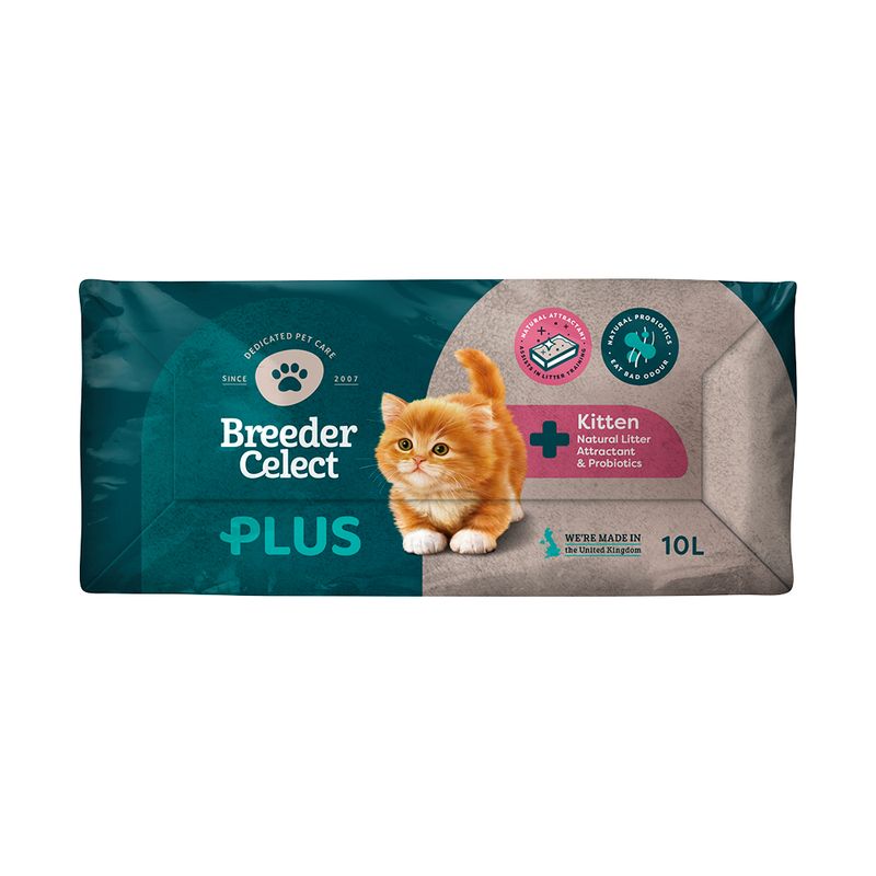 Breeder Celect Plus Kitten natural litter with attractant and probiotics, 10 litres, made in the United Kingdom. Features odour control and natural attractant as shown on packaging.