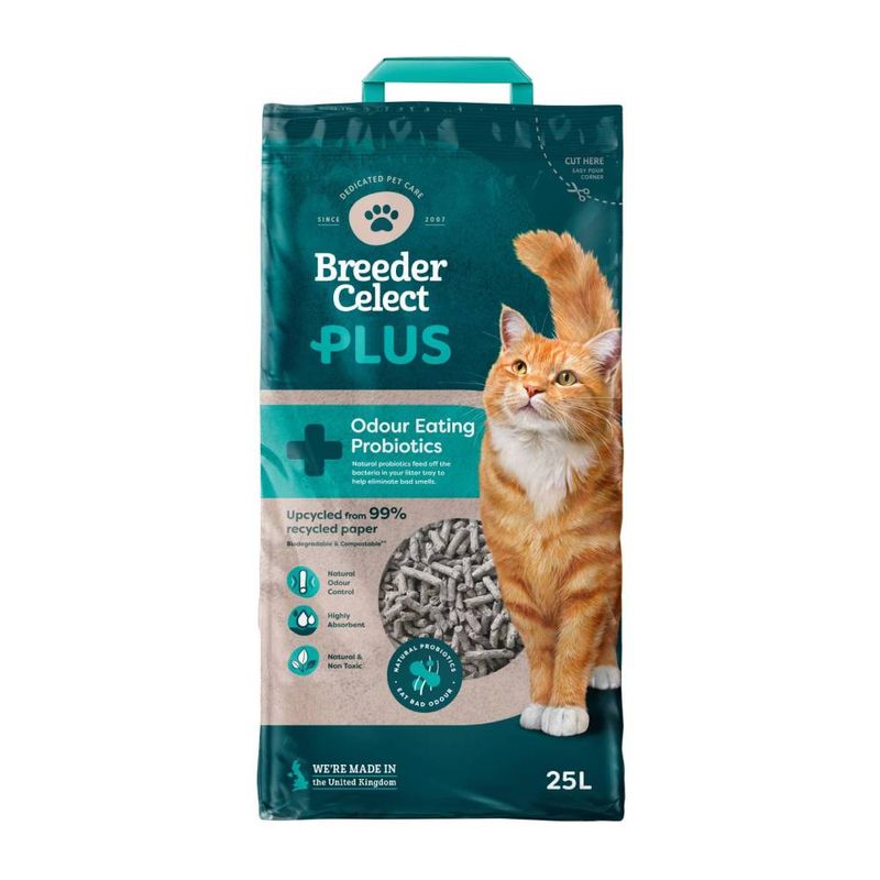 Breeder Celect Plus odour eating probiotics, upcycled from 99% recycled paper, natural odour control, highly absorbent, natural and non-toxic, 25L bag shown.