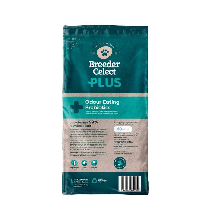 Breeder Celect Plus odour eating probiotics, upcycled from 99% recycled paper. Natural probiotics help eliminate bad smells in litter trays. Recommended by Vetschat.