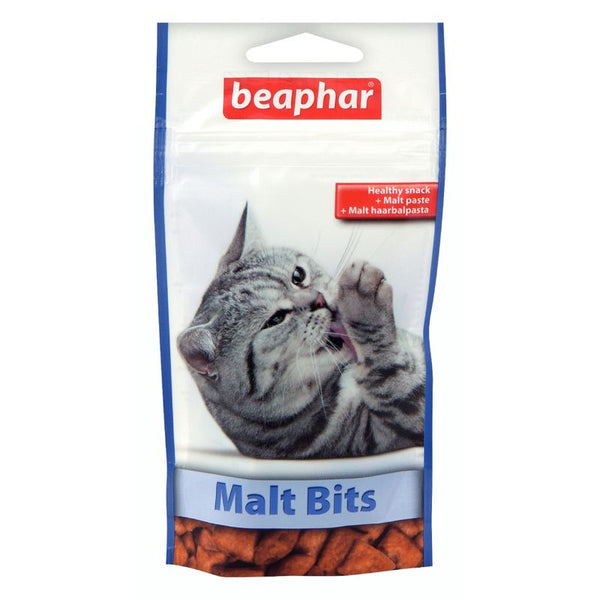 Malt Bits snack with malt paste, labelled as a healthy snack. Image shows product packaging and visible treats inside pouch.