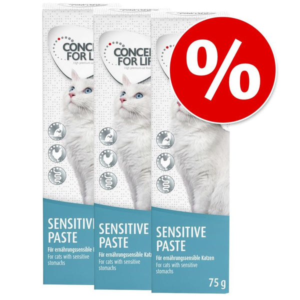Concept for Life Sensitive Paste for cats with sensitive stomachs, 75g, three packs shown with percentage discount symbol