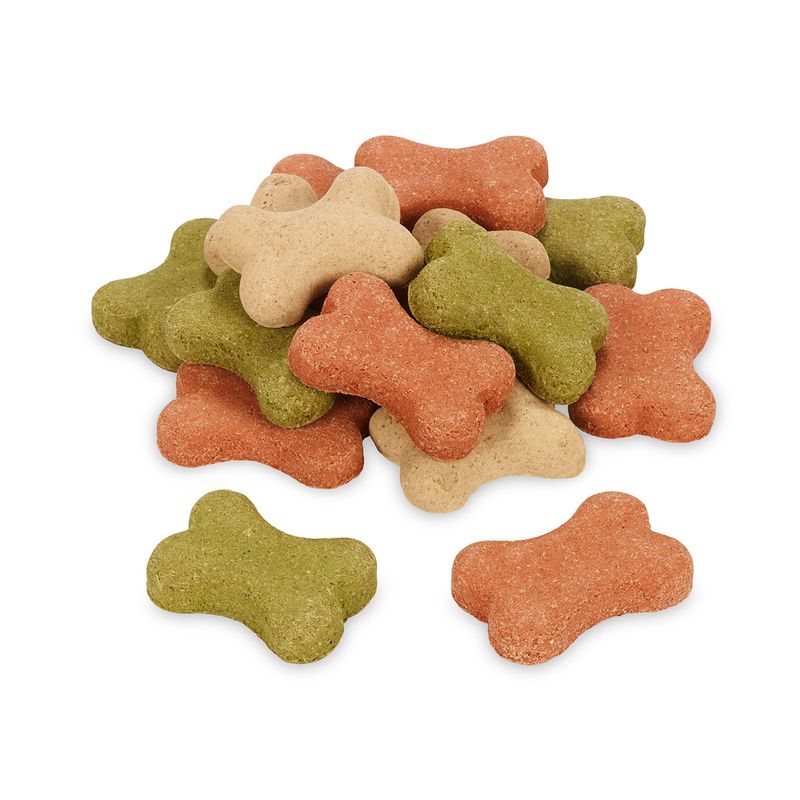 Colourful dog bone treats in green, beige and red. Bone-shaped snacks for dogs.
