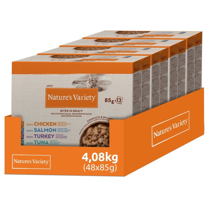 Nature's Variety Bites in Gravy, 4.08kg (48x85g), varieties: chicken, salmon, turkey, tuna. Complete and balanced cat food for adults.
