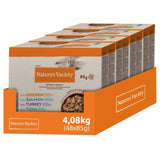 Nature's Variety Bites in Gravy, 4.08kg (48x85g), varieties: chicken, salmon, turkey, tuna. Complete and balanced cat food for adults.