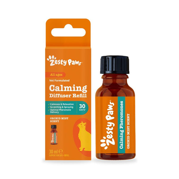 Zesty Paws Calming Diffuser Refill, Orchid Mist Scent, 30 ml. Suitable for all age groups. Calming pheromones, 30 days of effectiveness, supports calm and relaxation.