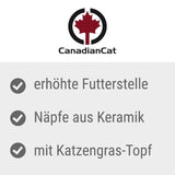 CanadianCat. Raised feeding station, ceramic bowls, with cat grass pot.