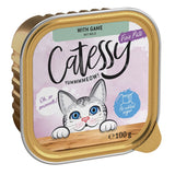 Catessy Fine Paté with game, 100g. No added sugar. Illustration of a grey cat with blue eyes and the text 'Oh, so smooth!' on the packaging.