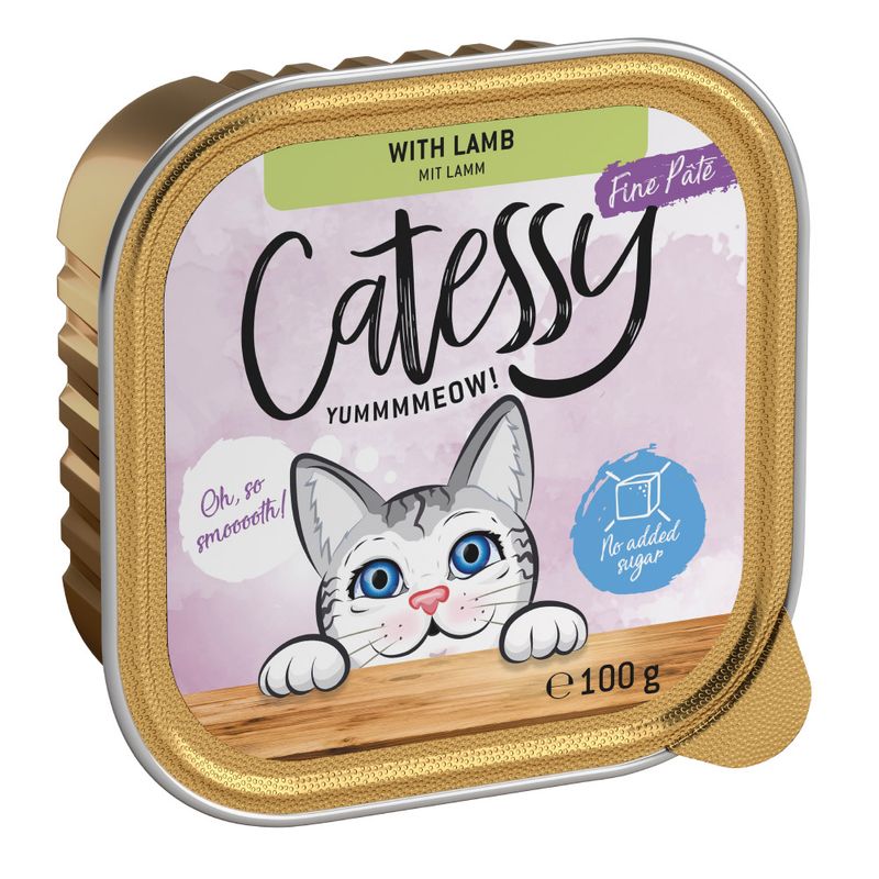 Catessy Fine Paté with lamb, 100g. No added sugar. Illustration of a grey cat with blue eyes and text 'Oh, so smooth!'.