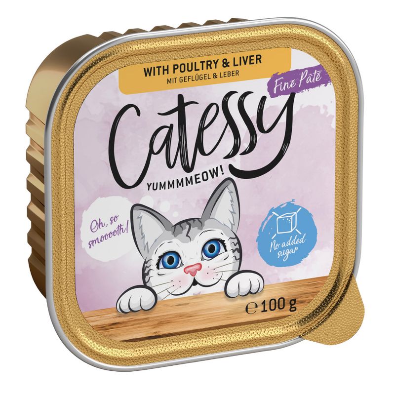 Catessy Fine Paté with poultry and liver, 100g. No added sugar. Illustration of a cat with a blue background.