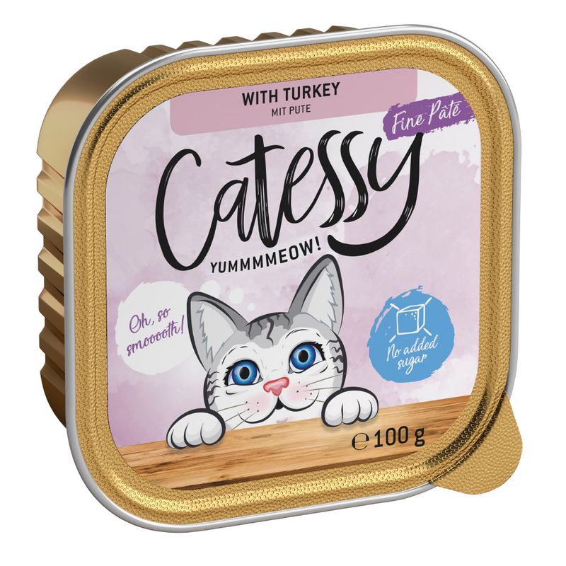 Catessy Fine Paté with turkey, 100g. No added sugar. Illustration of a grey cat with blue eyes and text 'Oh, so smooth!'