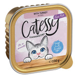 Catessy Fine Paté with turkey, 100g. No added sugar. Illustration of a grey cat with blue eyes and text 'Oh, so smooth!'