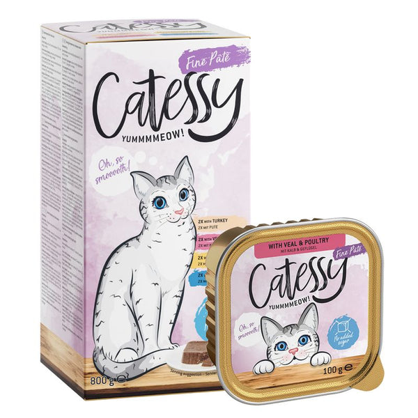 Catessy Fine Paté, 800g box and 100g tray. Varieties: veal & poultry, turkey, beef. No added sugar. Illustration of a cat on packaging.