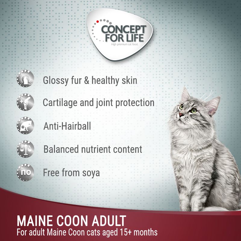 Concept for Life Maine Coon Adult features: glossy fur and healthy skin, cartilage and joint protection, anti-hairball, balanced nutrient content, free from soya. For cats aged 15+ months.