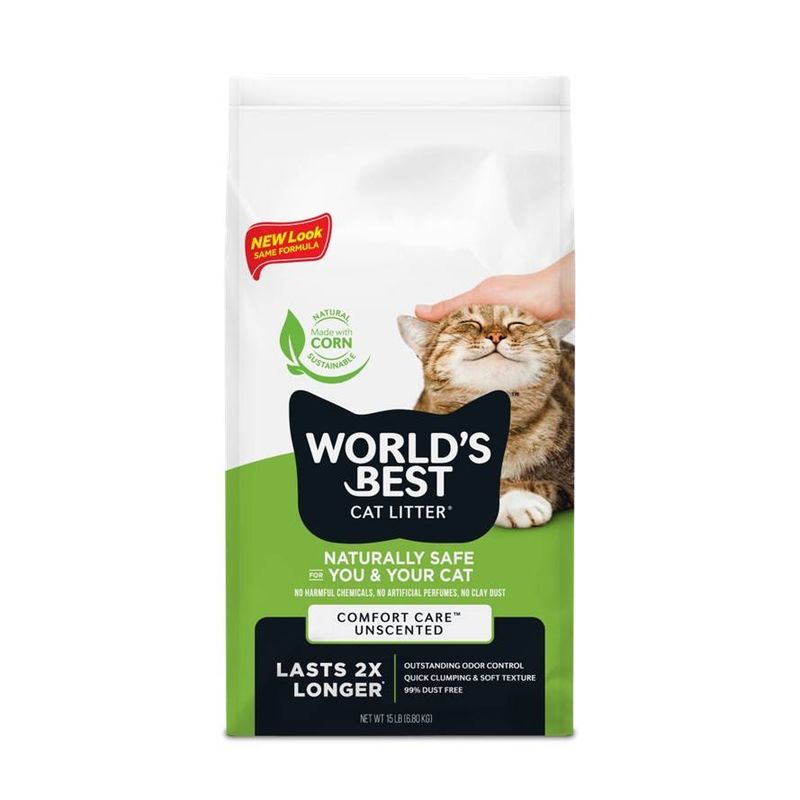 World's Best Cat Litter, naturally safe, made with corn, comfort care unscented, lasts 2x longer, outstanding odour control, quick clumping, soft texture, 99% dust free.
