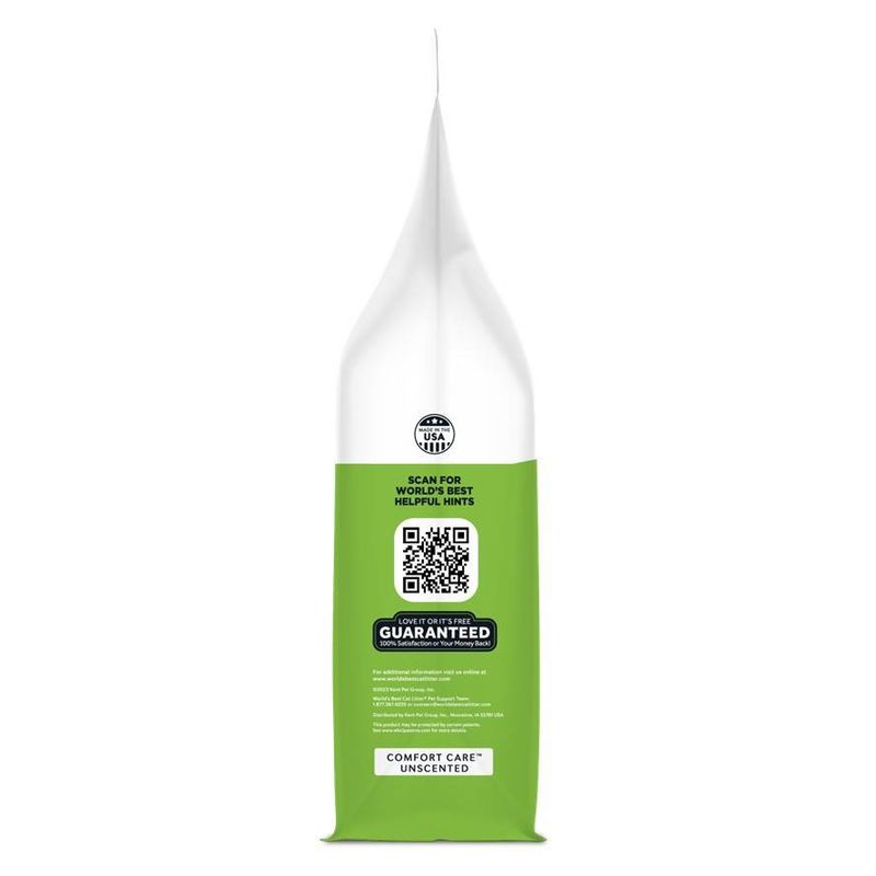 Bag side shows QR code for helpful hints, guarantee stating 'Love it or it's free', and label reading 'Comfort Care Unscented'. Made in USA is also visible.