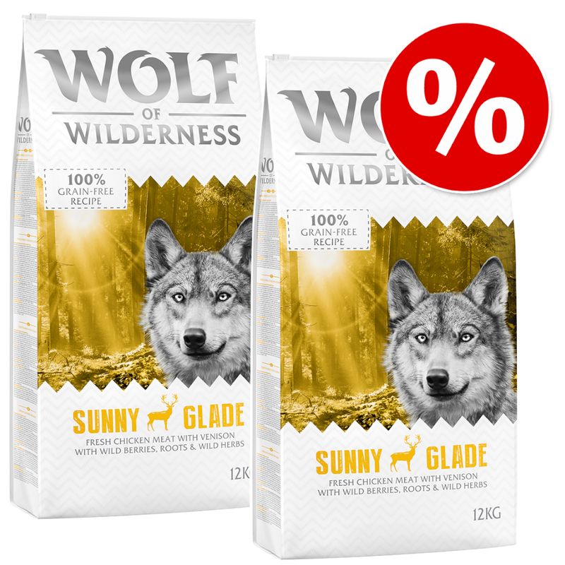 Wolf of Wilderness Sunny Glade, 12kg, 100% grain-free recipe with fresh chicken, game, berries, roots and herbs. Red discount symbol.