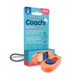 Coachi Multi-Clicker, training aid with adjustable volume, ideal for basic commands and tricks. Packaging in coral and navy blue with product image.
