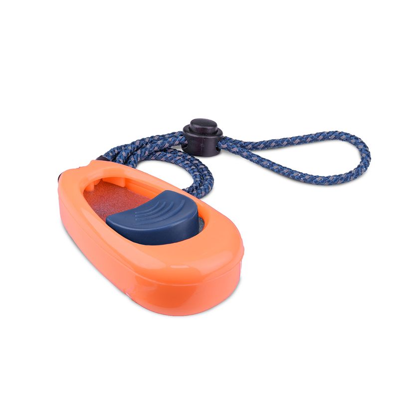 Orange clicker with dark blue button and braided hand strap made of blue rope.