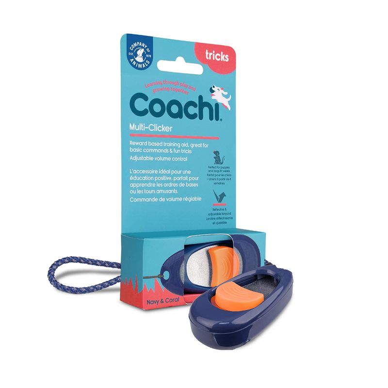 Coachi Multi-Clicker with adjustable volume, ideal for reward training and basic commands. Packaging shows product in navy and coral colours.