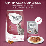 Image shows Concept for Life All Cats dry food 10kg bag and wet food pouch with text: Optimally combined, 1 pouch with the daily portion of dry food. Plate with wet food also shown.