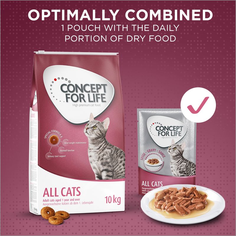 Image shows Concept for Life All Cats dry food 10kg bag and wet food pouch with text: Optimally combined, 1 pouch with the daily portion of dry food. Plate with wet food also shown.