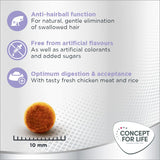 Anti-hairball function, free from artificial flavours, colourants and added sugars, optimum digestion and acceptance with chicken and rice. Kibble size shown as 10 mm.