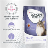 Concept for Life Beauty cat food, 3kg. Developed with veterinarians and nutrition experts. Tailored special care nutrition for shiny coat, soft skin, and natural coat pigmentation support.