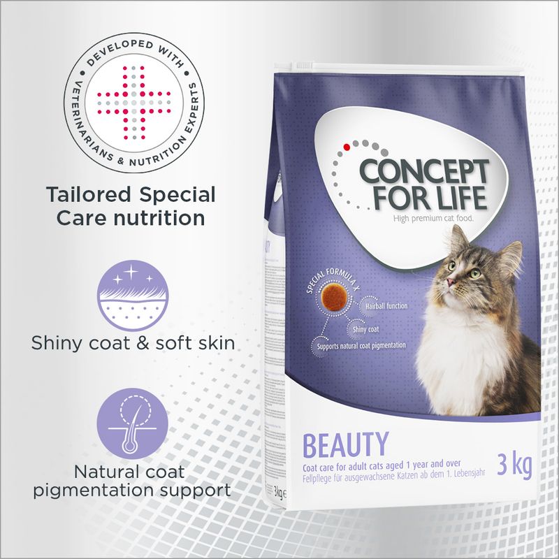 Concept for Life Beauty cat food, 3kg. Developed with veterinarians and nutrition experts. Tailored special care nutrition for shiny coat, soft skin, and natural coat pigmentation support.