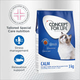 Concept for Life Calm cat food 3kg pack, visible text: Tailored Special Care nutrition, Stress management, Relaxation support, developed with veterinarians & nutrition experts.