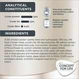 Analytical constituents: 32% crude protein, 22% crude fat, 4.8% crude fibre. Free from artificial preservatives, colours and flavours. Regular quality control by veterinary specialist. Full ingredients listed.
