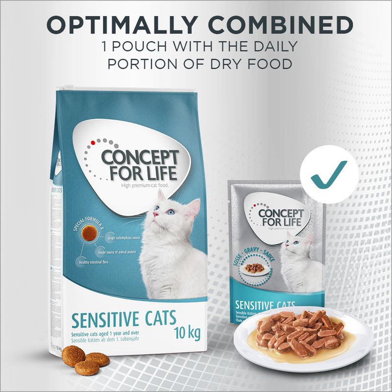 Instructional image showing one pouch of wet food combined with a daily portion of dry food for sensitive cats, as recommended on the packaging.