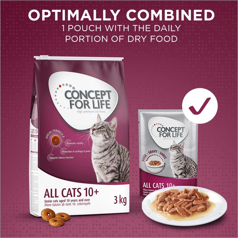 Concept for Life All Cats 10+ food shown with dry and wet portions. Text: Optimally combined, 1 pouch with the daily portion of dry food. Highlights: promotes vitality, supports kidney function.