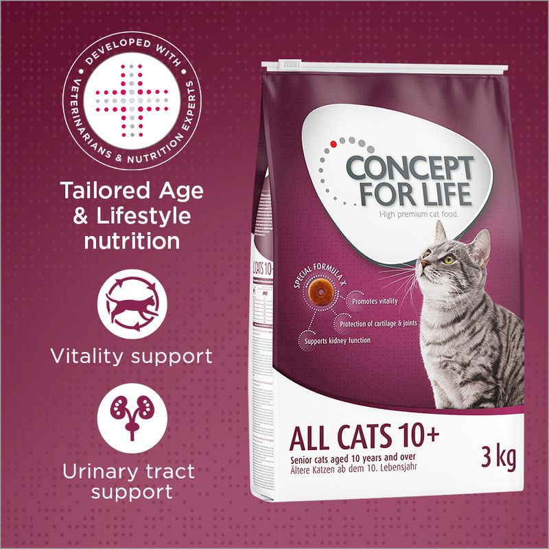 Concept for Life All Cats 10+ dry food, 3kg pack. Highlights: tailored age and lifestyle nutrition, vitality support, urinary tract support, promotes vitality, supports kidney function.