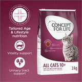 Concept for Life All Cats 10+ dry food, 3kg pack. Highlights: tailored age and lifestyle nutrition, vitality support, urinary tract support, promotes vitality, supports kidney function.