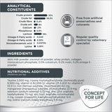 Analytical constituents: protein 33%, fat 28.5%, fibre 0.4%, ash 8%, calcium 1.3%, phosphorus 0.9%, lactose 19%. Ingredients and nutritional additives listed. Concept for Life brand.