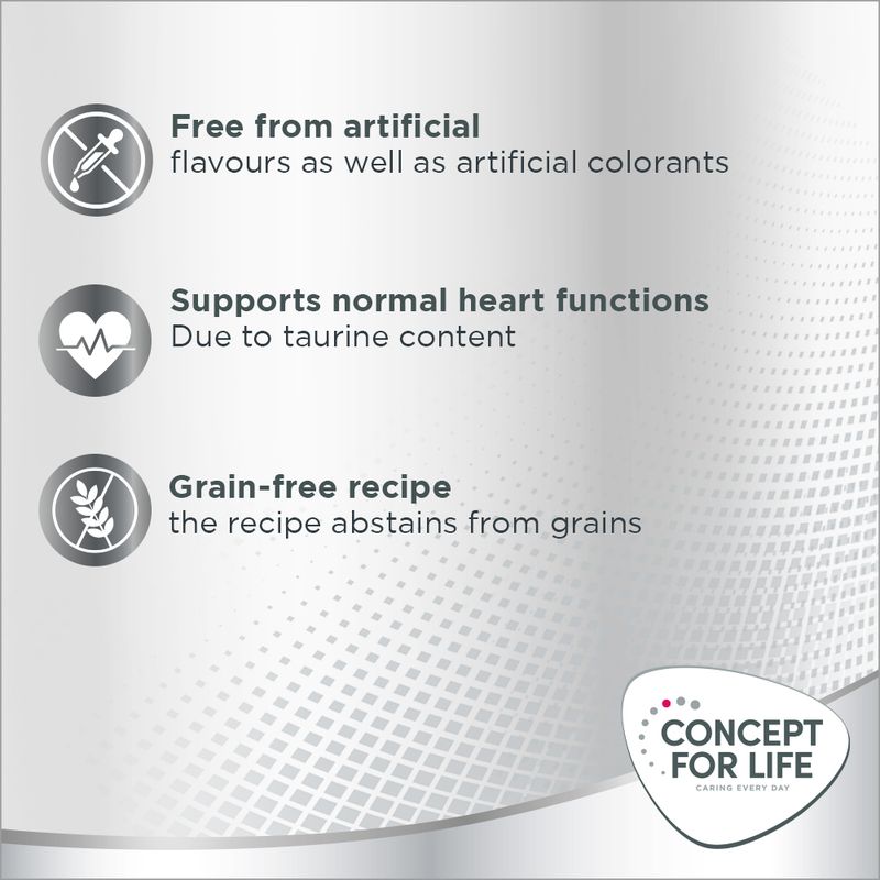 Free from artificial flavours and colourants, supports normal heart functions due to taurine, grain-free recipe. Concept for Life brand.