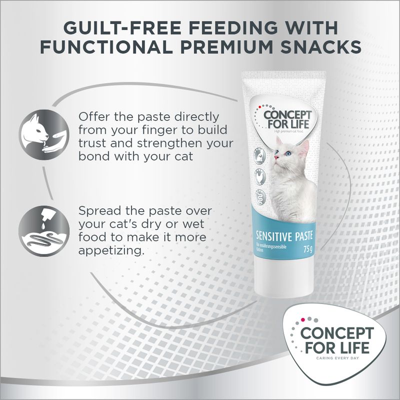 Instructions for using Concept for Life Sensitive Paste: feed directly from your finger to build trust or spread over dry or wet food to make it more appetising.