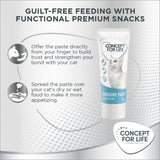 Instructions for using Concept for Life Sensitive Paste: feed directly from your finger to build trust or spread over dry or wet food to make it more appetising.
