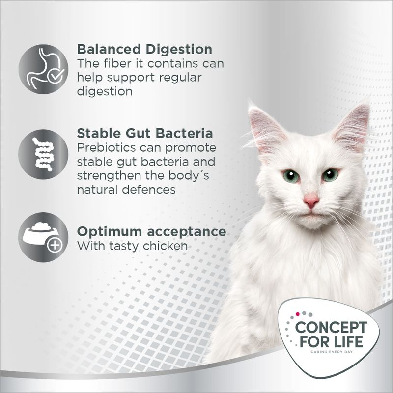 Balanced digestion with fibre, stable gut bacteria supported by prebiotics, and optimum acceptance with tasty chicken. Concept for Life brand shown.