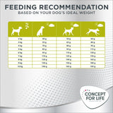 Feeding recommendation chart showing daily food amounts in grams for dogs from 2 kg to 10 kg, with three columns for different activity levels. Brand: Concept for Life.