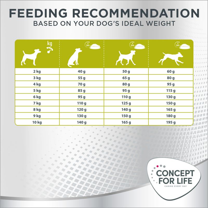 Feeding recommendation chart showing daily food amounts in grams for dogs from 2 kg to 10 kg, with three columns for different activity levels. Brand: Concept for Life.