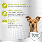 Single animal protein with easily digestible lamb, supports stable digestion and sensitive skin with Omega-3, omega-6 fatty acids, biotin and zinc. Concept for Life branding shown.