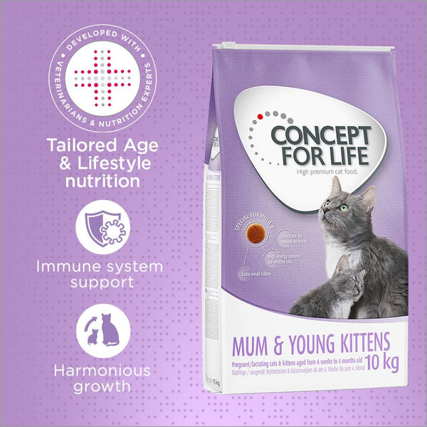 Concept for Life Mum & Young Kittens cat food, 10kg. Features tailored age and lifestyle nutrition, immune system support, harmonious growth, special formula with extra small kibble.