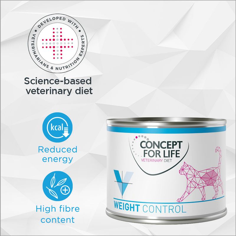 Science-based veterinary diet with reduced energy and high fibre content, developed with veterinarians and nutrition experts. Concept for Life Weight Control tin shown.