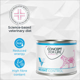Science-based veterinary diet with reduced energy and high fibre content, developed with veterinarians and nutrition experts. Concept for Life Weight Control tin shown.