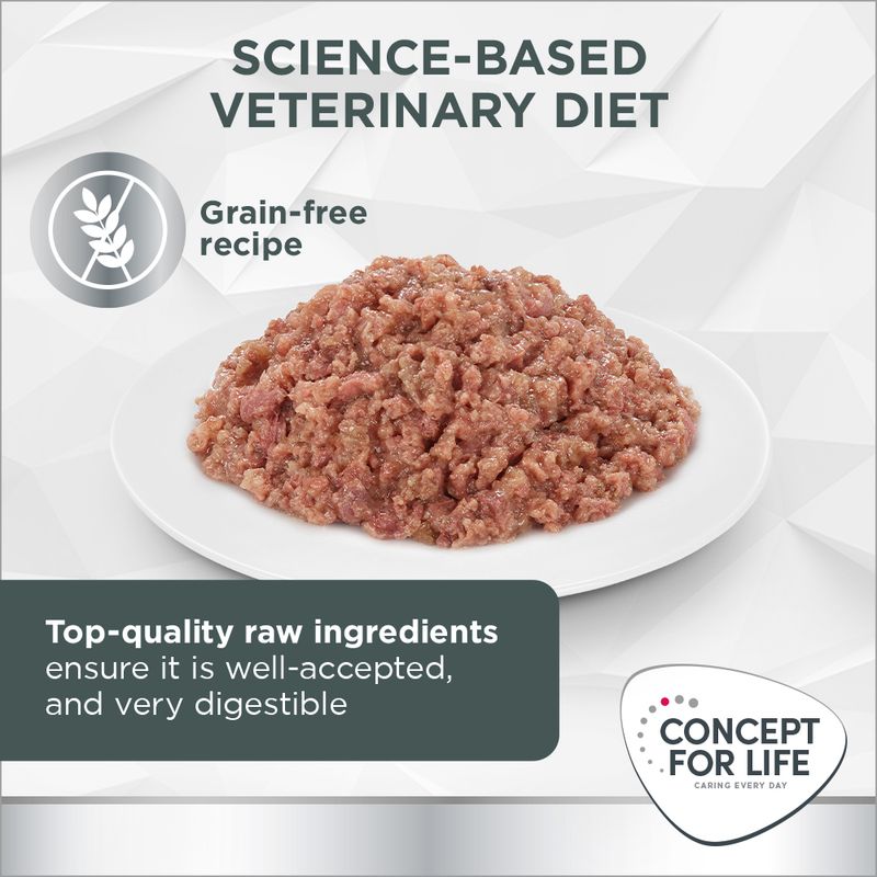 Science-based veterinary diet with grain-free recipe, made from top-quality raw ingredients for high acceptance and digestibility. Concept for Life brand shown.