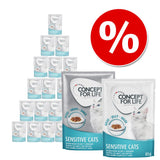 Concept for Life Sensitive Cats wet food multipack, visible pouches with 'Sauce' and 'Jelly', 85g each, white cat image, red percentage discount symbol top right