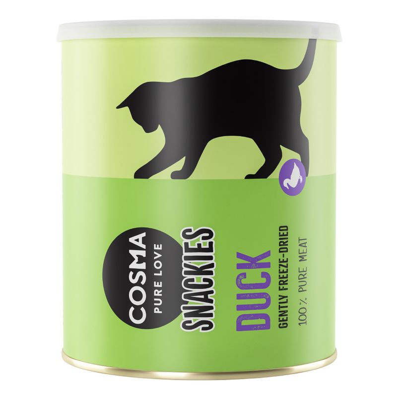Cosma Pure Love Snackies Duck, gently freeze-dried, 100% pure meat. Green packaging design with black silhouette of a cat.