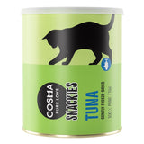 Cosma Pure Love Snacks Tuna, gently freeze-dried, 100% pure fish. Packaging with black cat silhouette on green background.